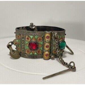 Vintage Antique Moroccan Enamel Berber Cuff Bracelet Ethnic Tribal Bangle